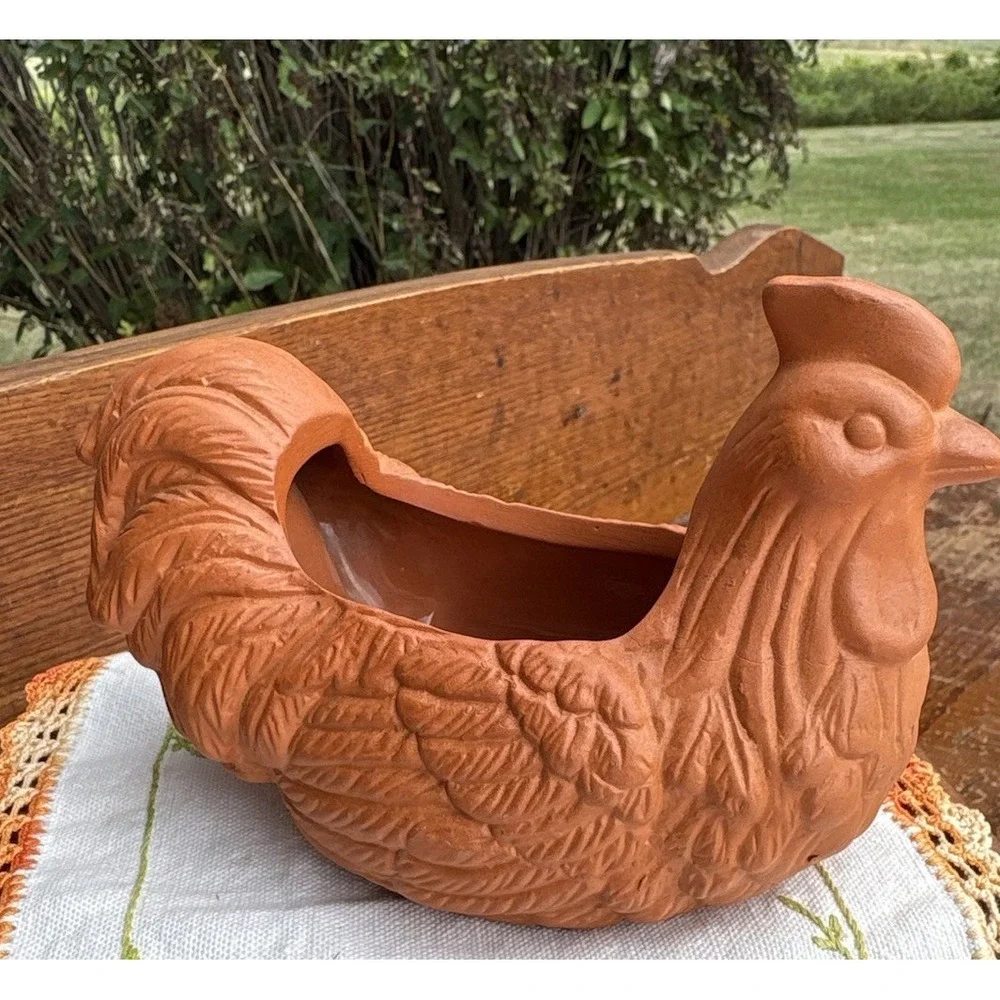 Terracotta Chicken Hen Planter Clay Folk Art 6.5